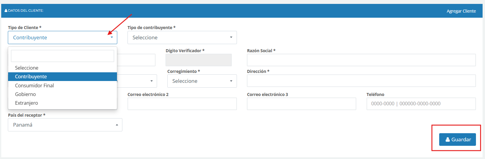 Formulario Agregar Cliente