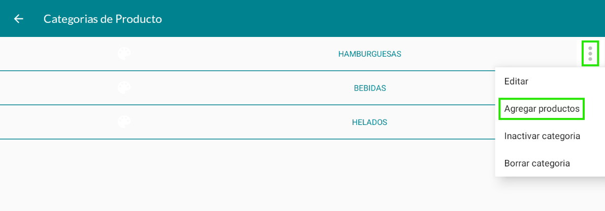 Menú categoría agregar productos
